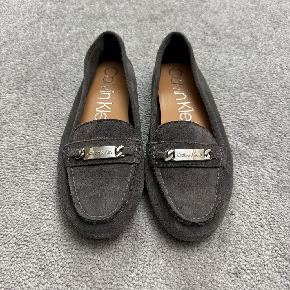 Calvin Klein Lunasi Suede Moccasins Silver Chain Loafers Flats Shoes Womens 9.5